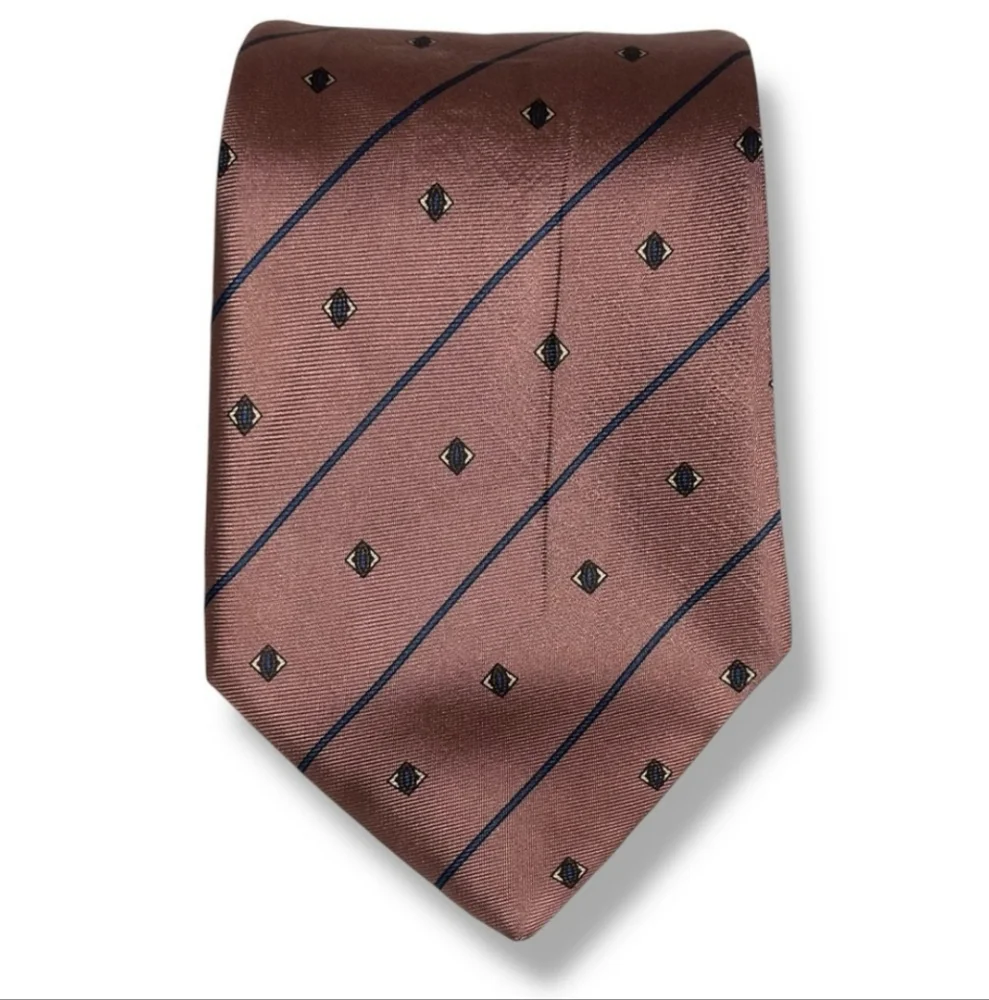 CHRISTIAN DIOR Dusty Pink Silk Tie With Navy Stripes & Diamond Pattern